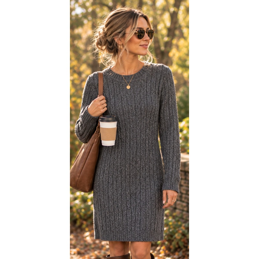 Cato Womens Grey Cable Knit Midi Sweater Dress Long Sleeve Crew Neck XL
